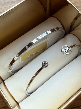 Michael Kors Silver Bangle Cuff Bracelet Set 2 Piece Crystal MK Logo NWT Box